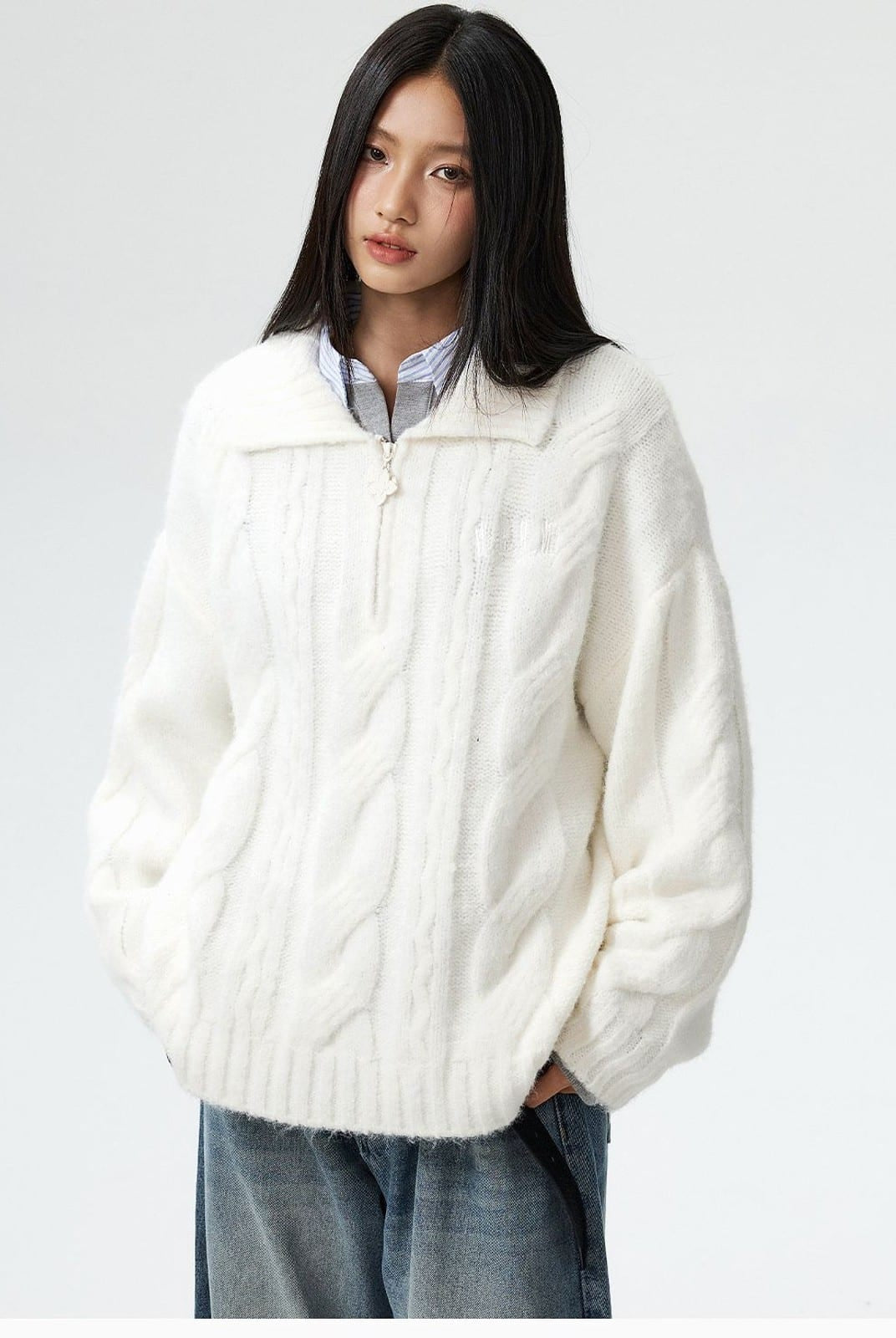 MEDM Cable Knit Quarter Zip Sweater in White - On Female Model