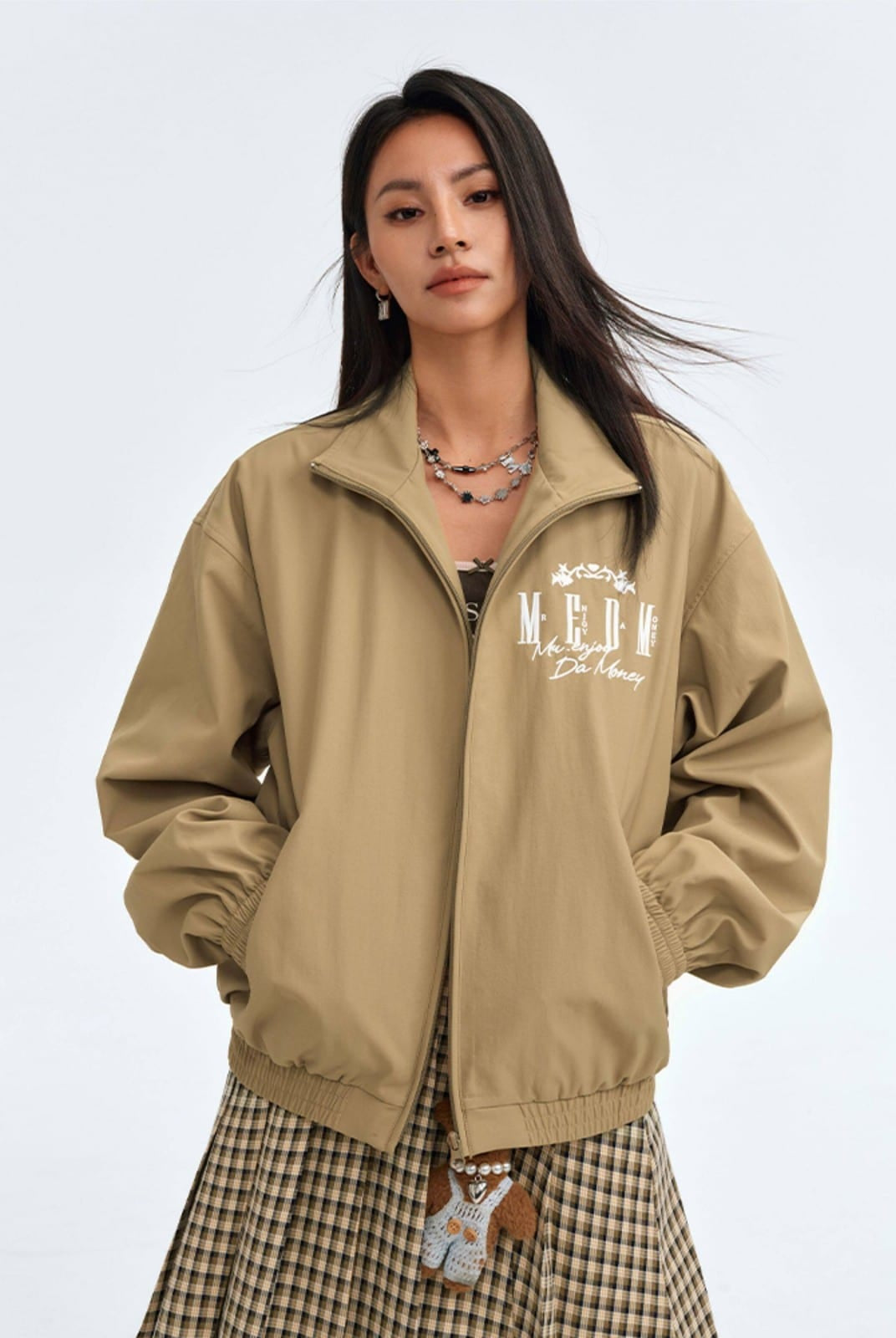 MEDM Nylon Stand Collar Coach Jacket in Beige - On Female Model