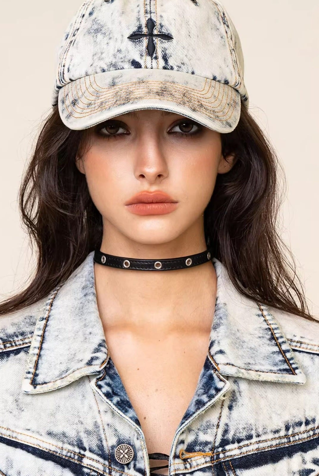 SMFK Distressed Cross Embroidered Baseball Cap in Sky Blue - On Female Model