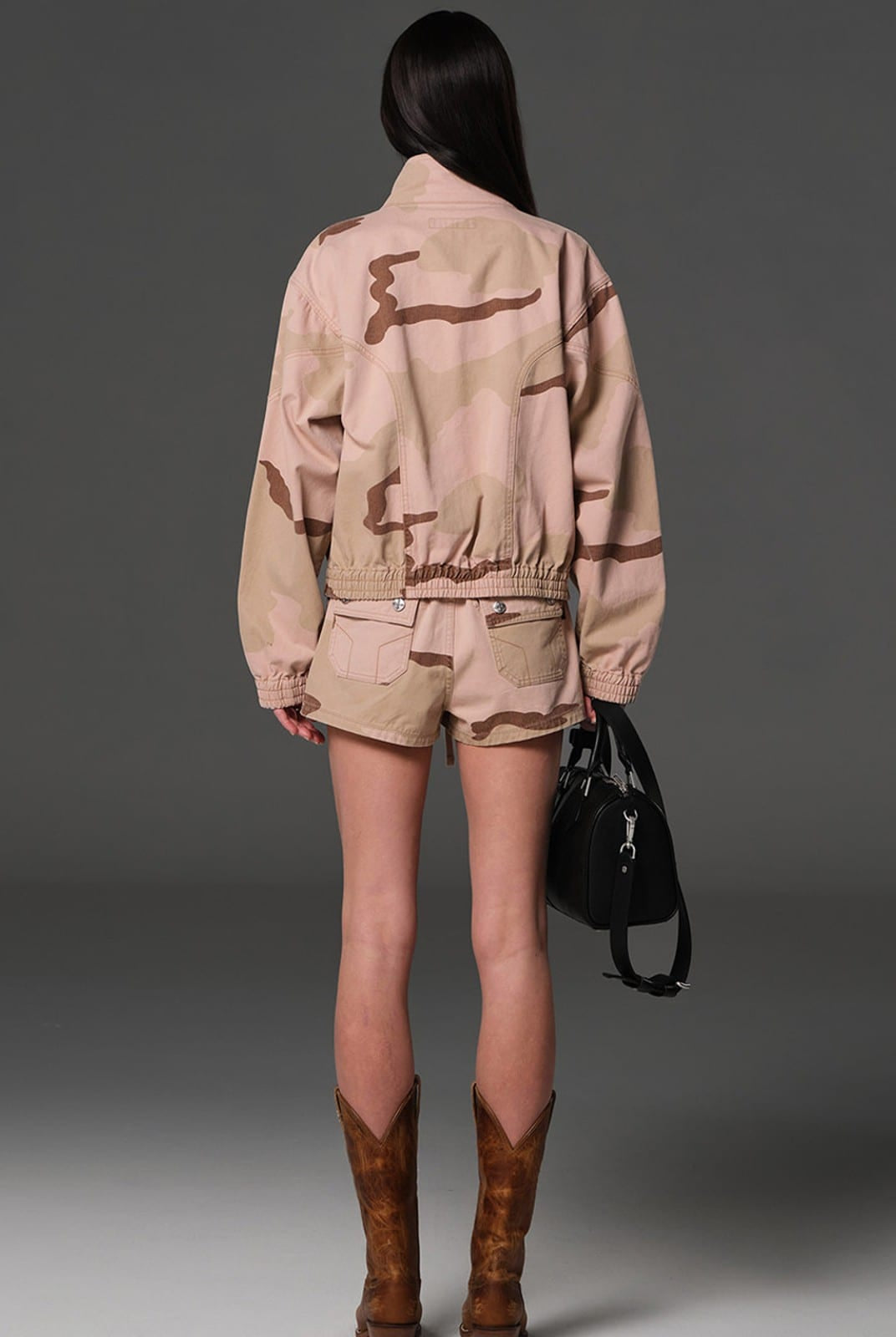 SMFK Camouflage Zip Up Cropped Jacket in Pink - On Model