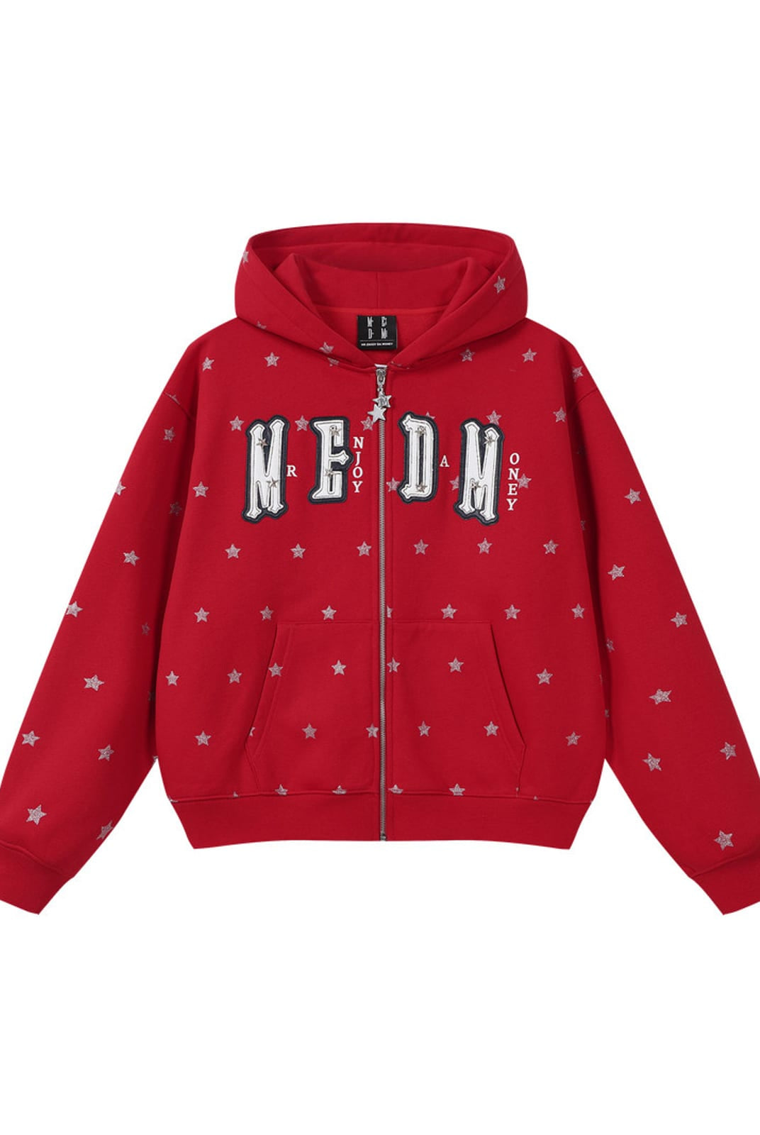 MEDM Fleece Lined Star Print Zip Hoodie in Red