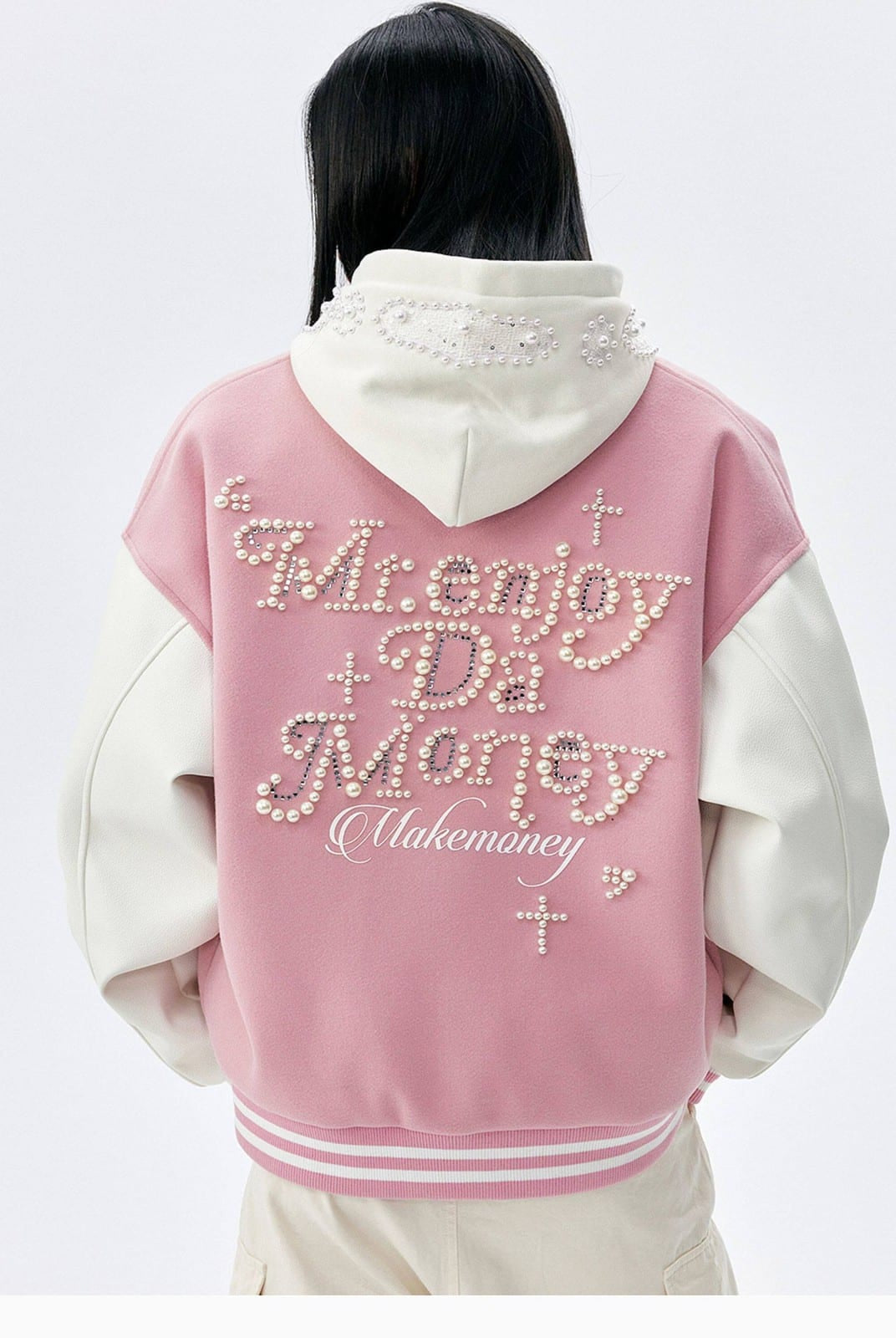MEDM Pearl Embellished Varsity Jacket in Pink - On Female Model