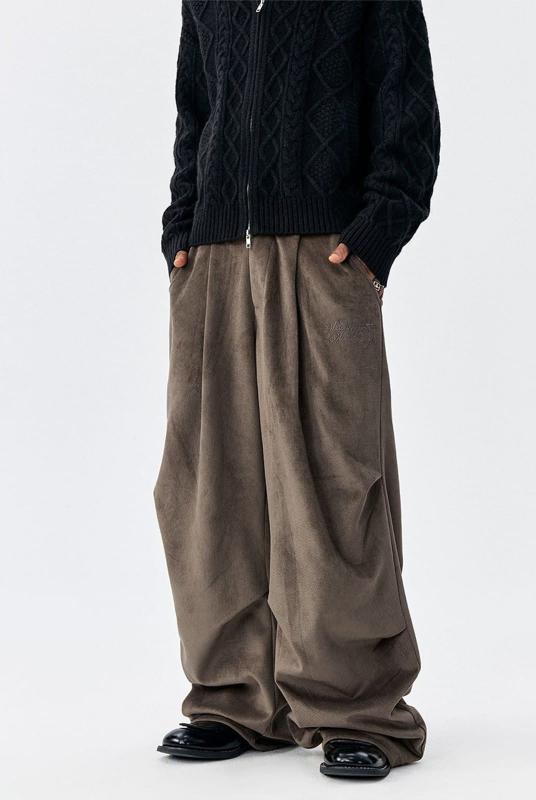 MEDM Wide Leg Parachute Cargo Pants in Brown - On Model