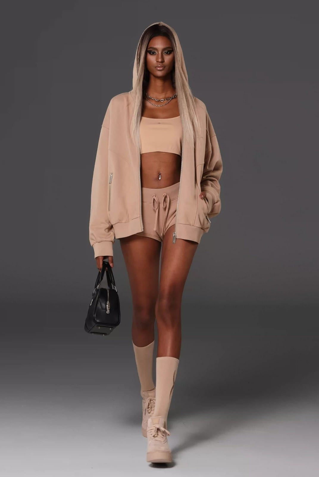 SMFK Cotton Wool Oversized Zip Up Hoodie in Beige - On Female Model