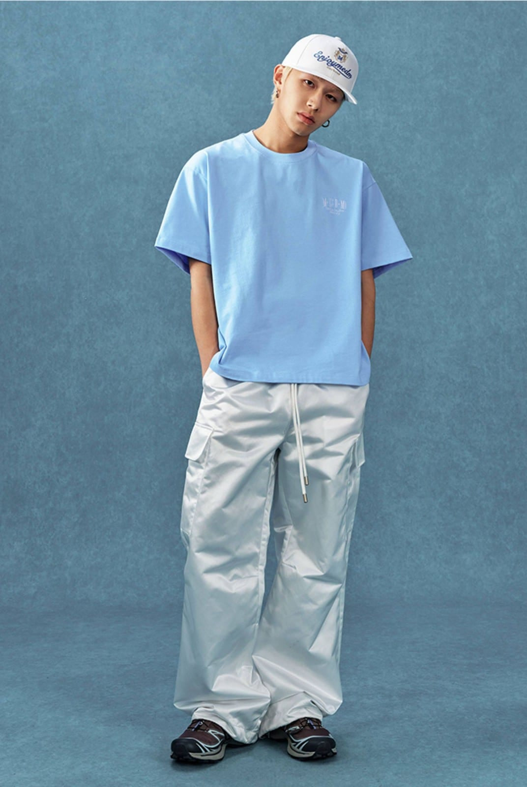 MEDM Letter Embroidery Cotton T Shirt in Sky Blue - On Male Model