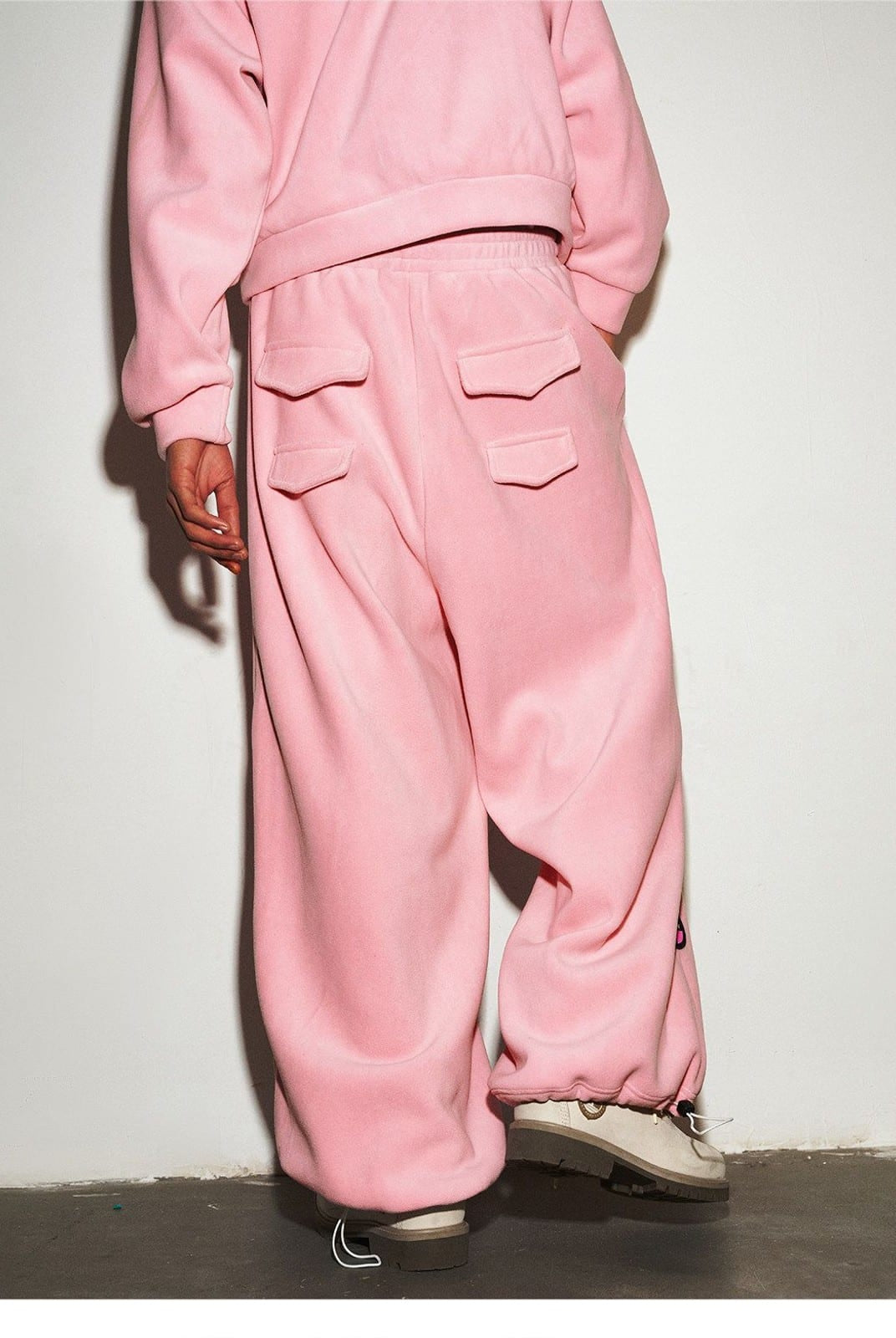 MEDM Lightweight Fleece Drawstring Sweatpants in Pink - On Model
