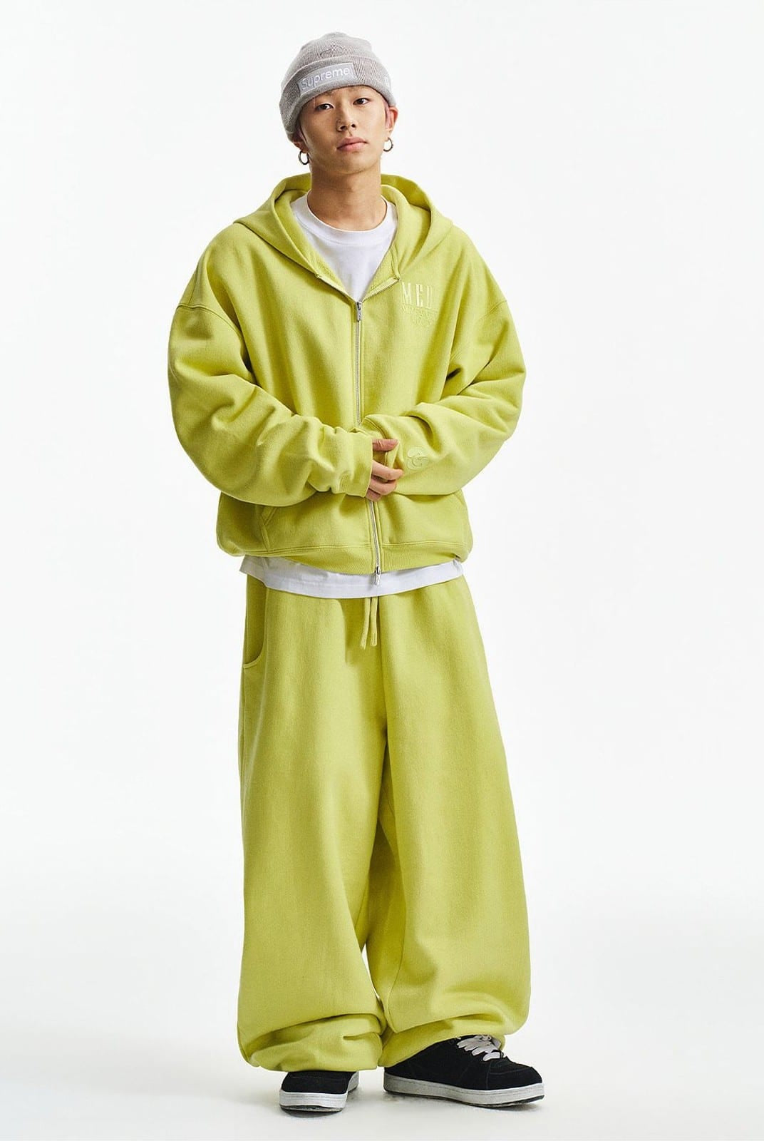 MEDM 3D Logo Two Way Zip Cotton Hoodie in Green - On Male Model