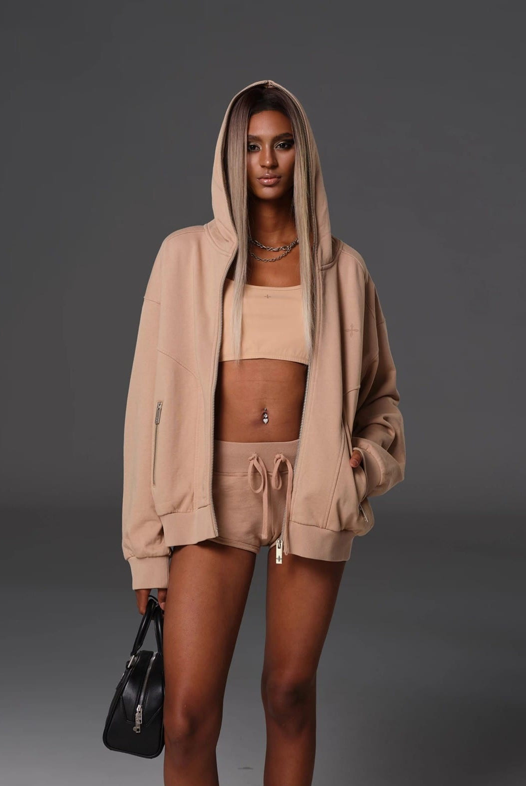 SMFK Cotton Wool Oversized Zip Up Hoodie in Beige - On Female Model