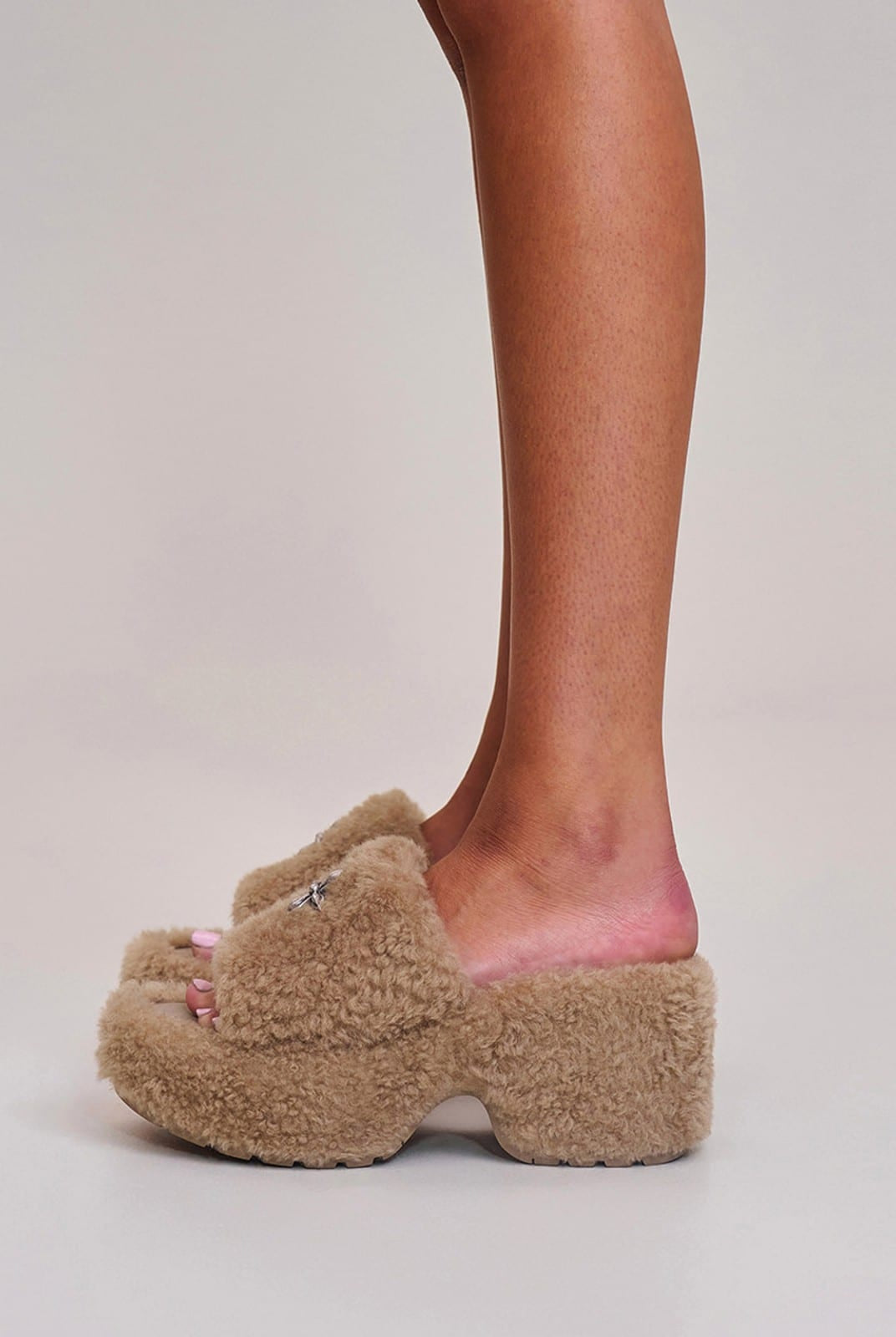 SMFK Cross Hardware Shearling High Heel Mules in Beige - On Female Model
