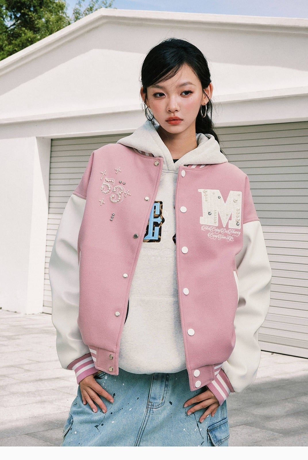 MEDM Pearl Embellished Varsity Jacket in Pink - On Female Model