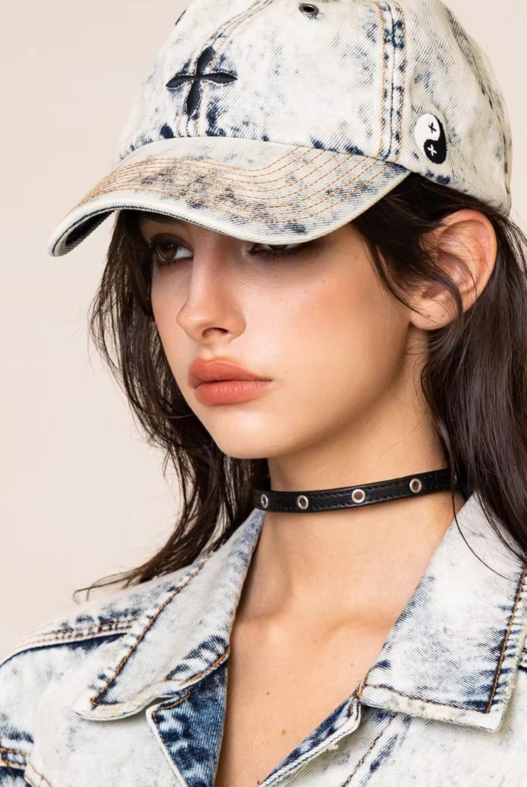 SMFK Distressed Cross Embroidered Baseball Cap in Sky Blue - On Female Model