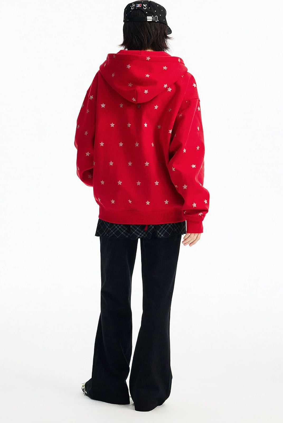 MEDM Fleece Lined Star Print Zip Hoodie in Red - On Model
