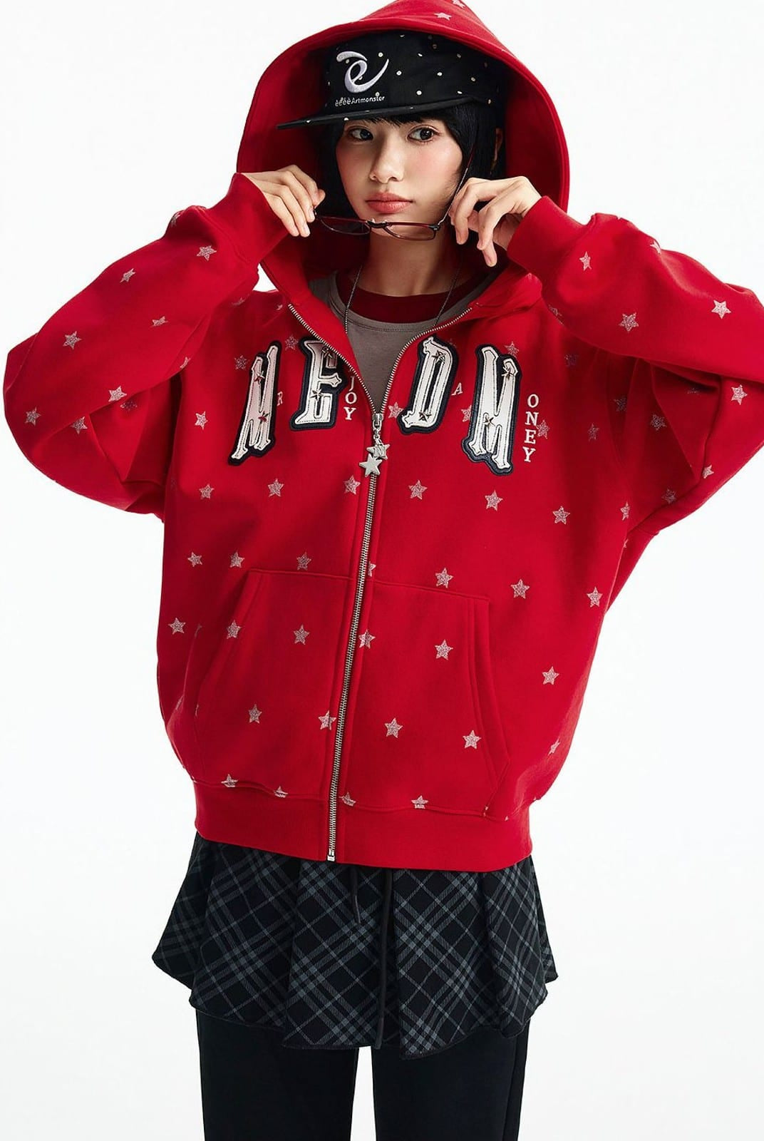 MEDM Fleece Lined Star Print Zip Hoodie in Red - On Female Model