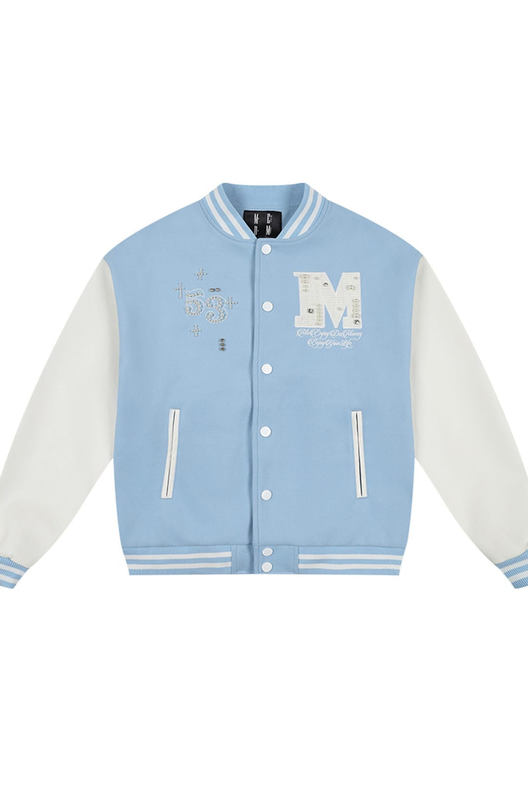 MEDM Pearl Embellished Varsity Jacket in Sky Blue