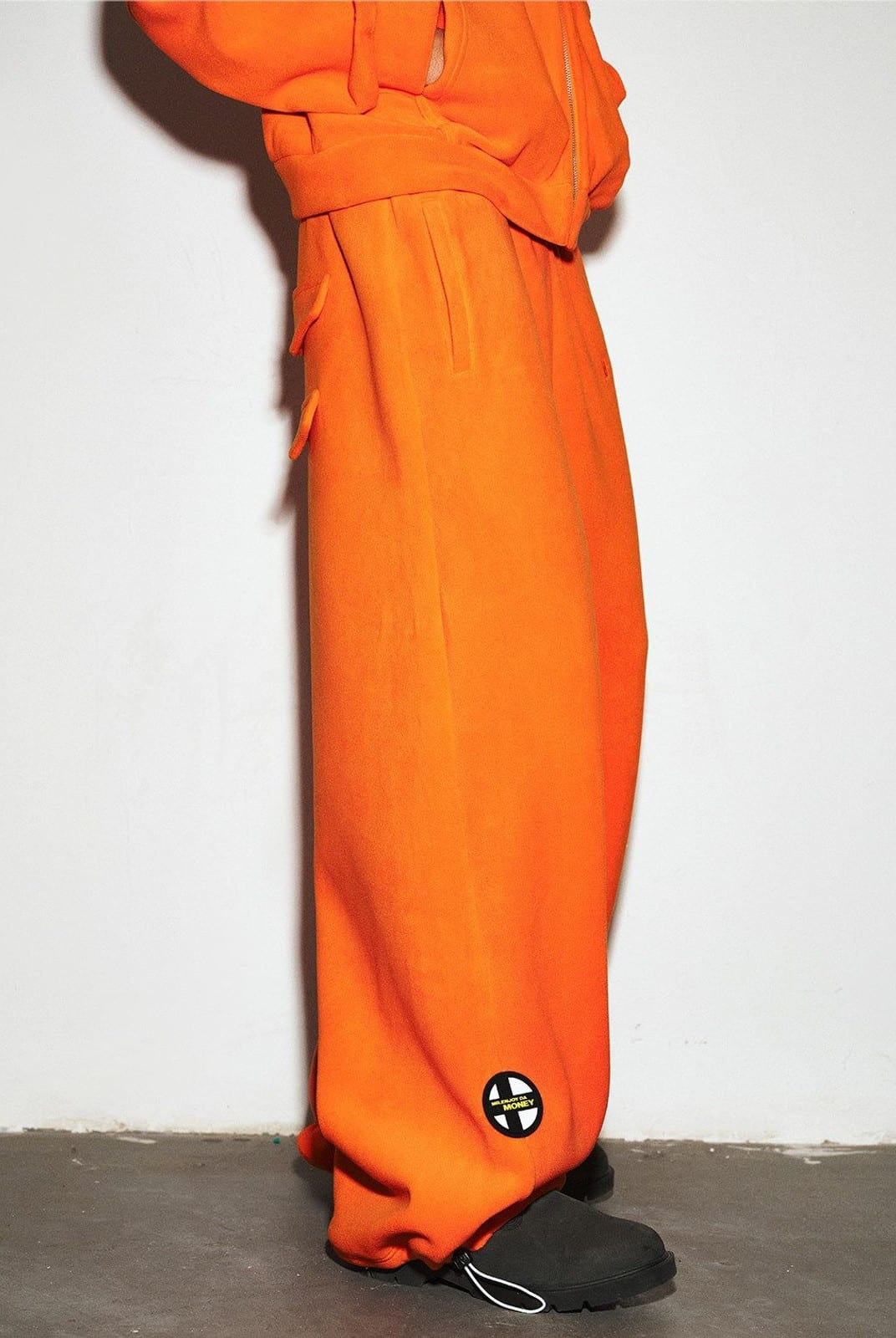 MEDM Fleece Zip Hoodie Drawstring Pants Set in Orange - On Model