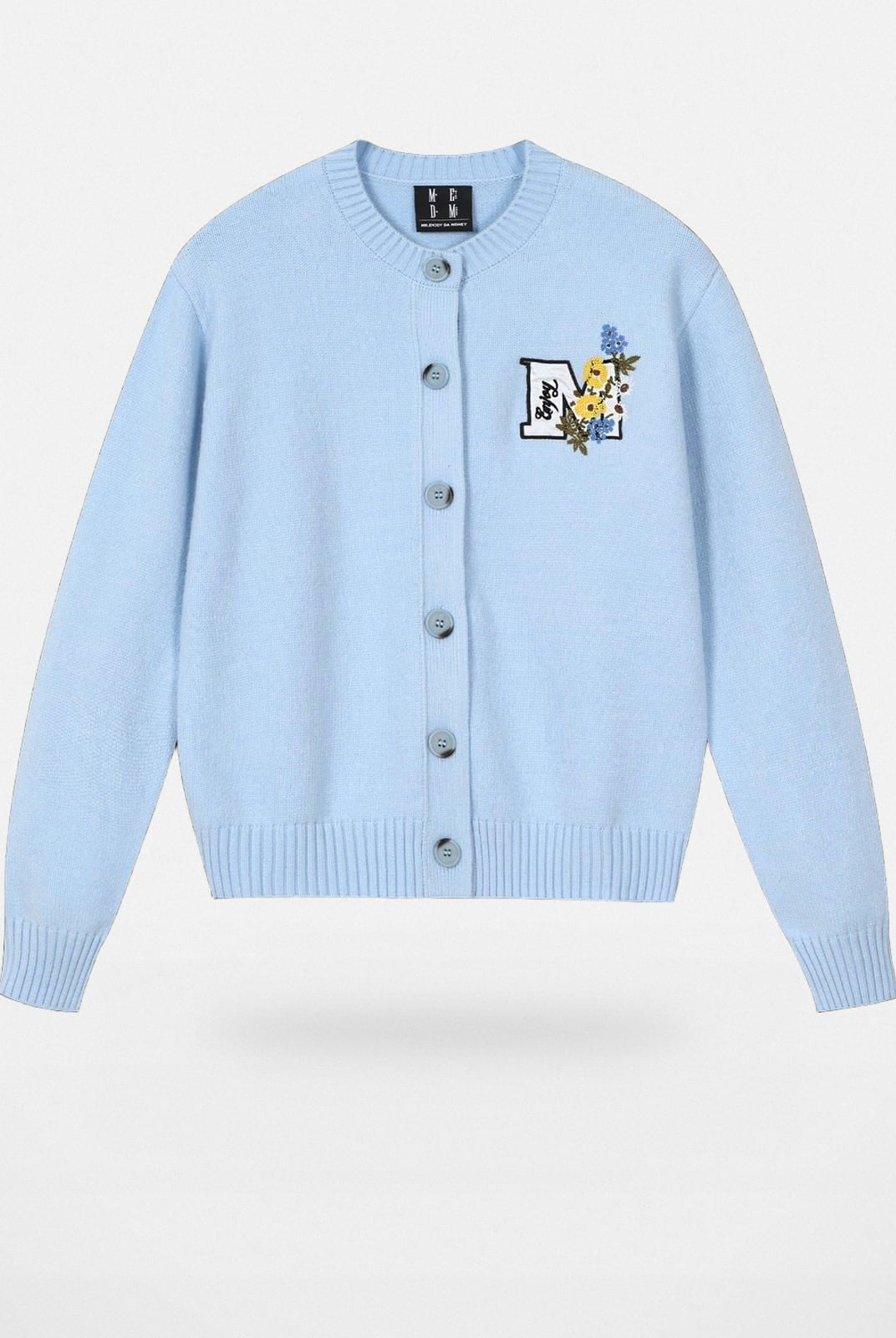 MEDM Floral Embroidered Knit Cardigan in Sky Blue