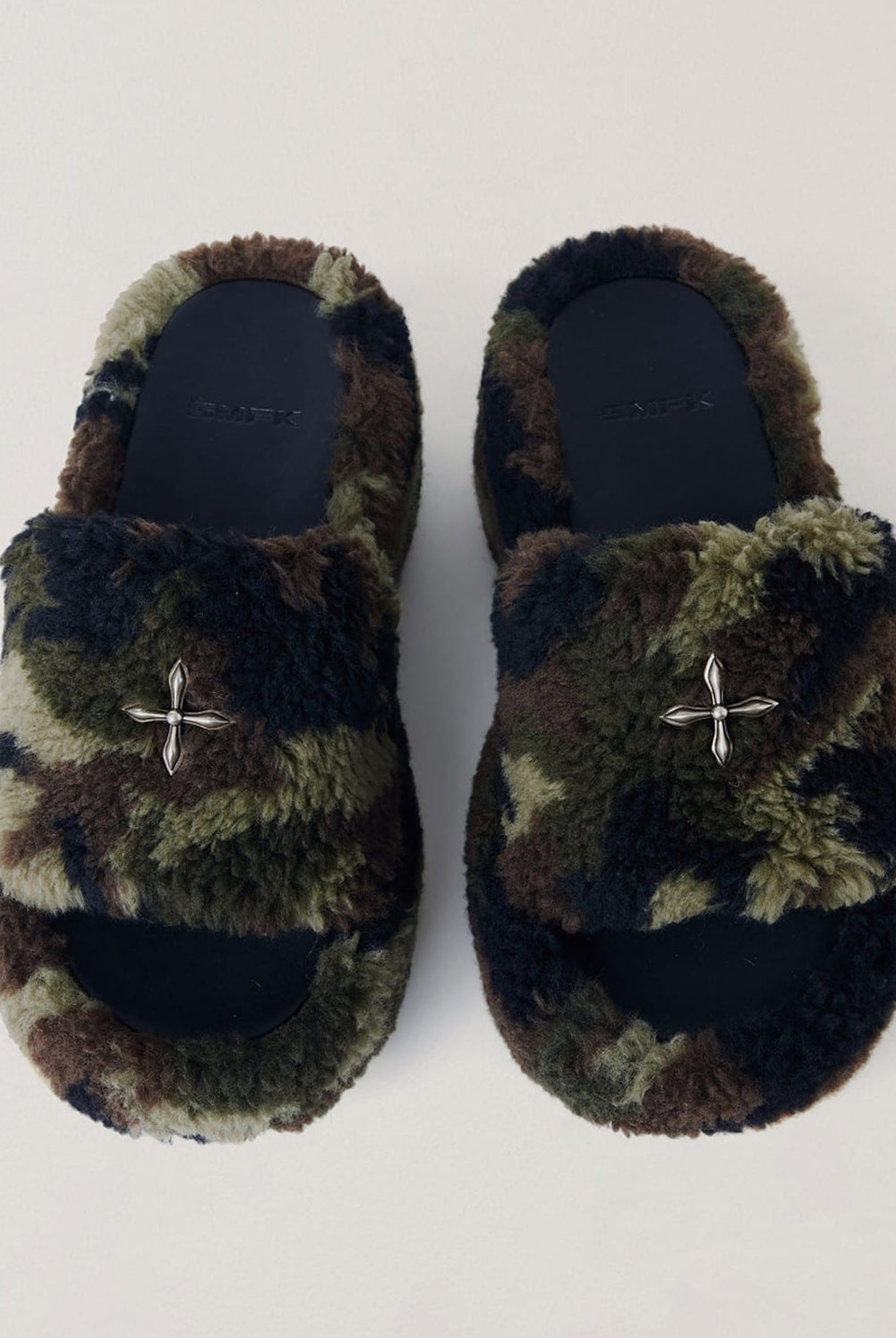 SMFK Cross Hardware Shearling High Heel Mules in Olive