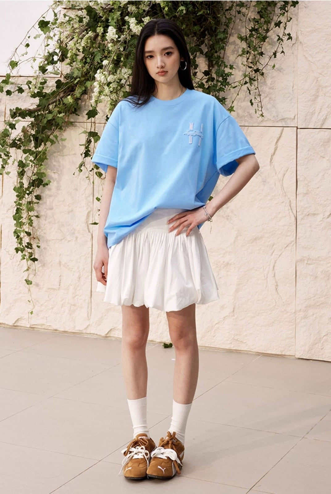 MEDM Tufted Logo Cotton T Shirt in Sky Blue - On Female Model