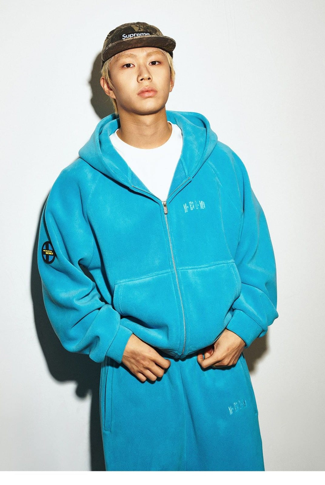 MEDM Fleece Zip Hoodie Drawstring Pants Set in Sky Blue - On Male Model