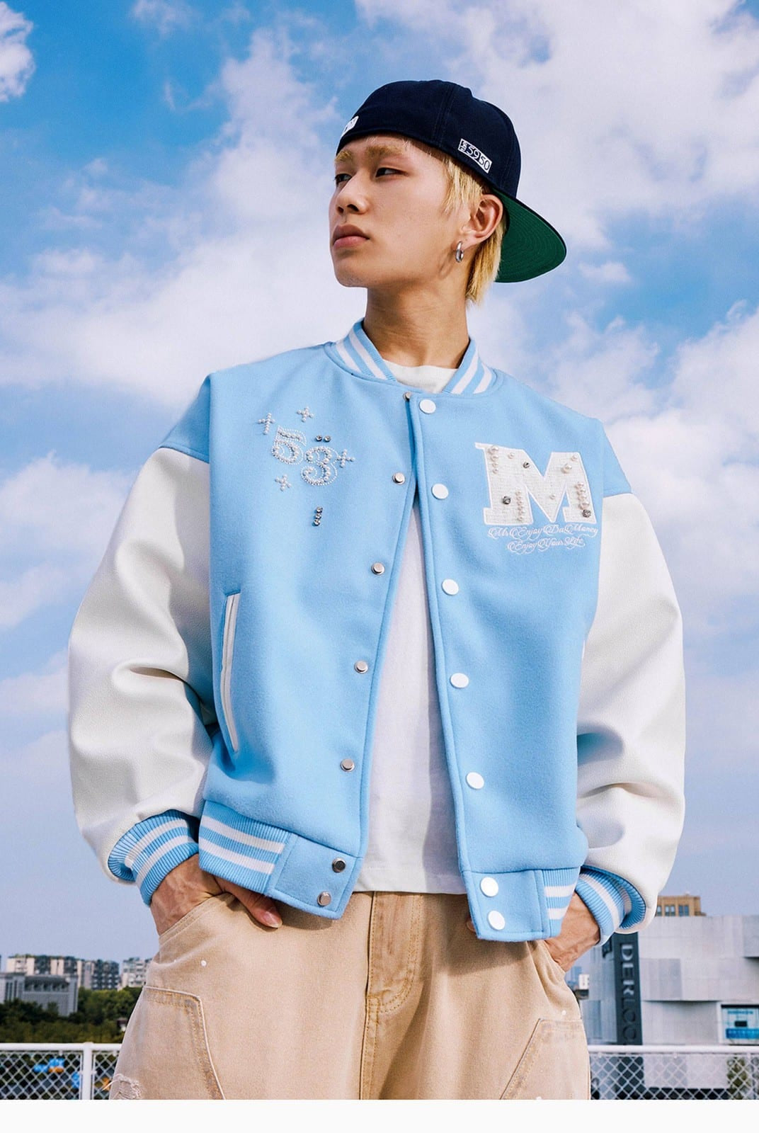 MEDM Pearl Embellished Varsity Jacket in Sky Blue - On Male Model