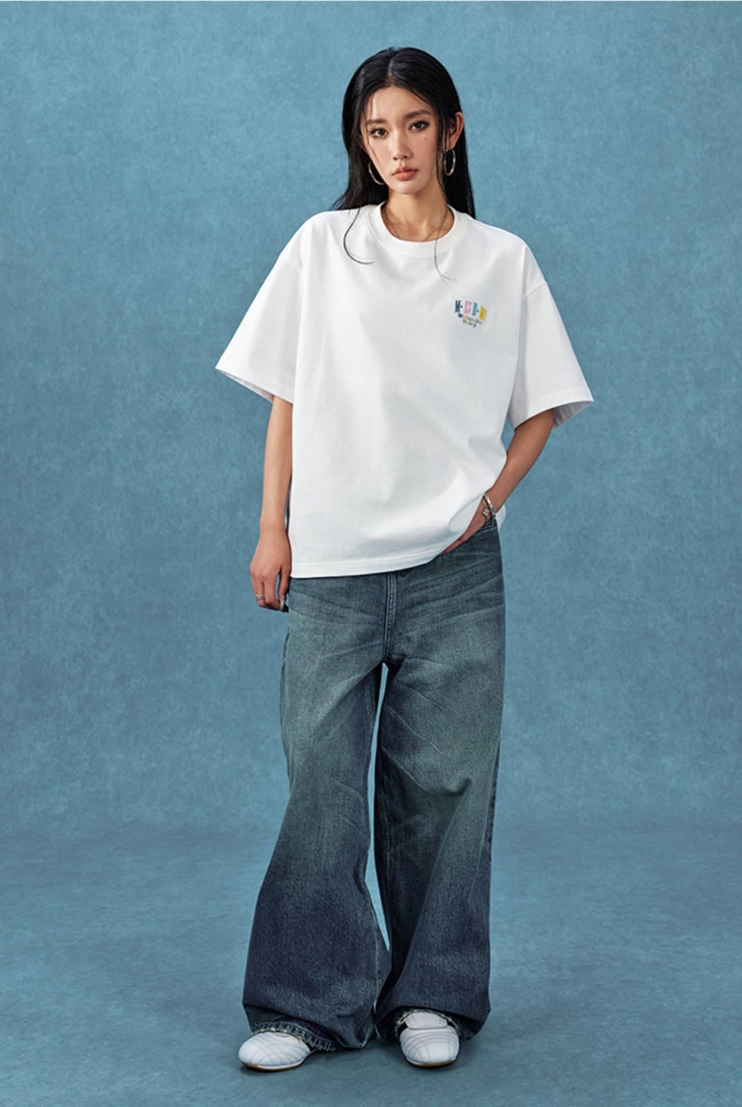 MEDM Letter Embroidery Cotton T Shirt in White - On Female Model