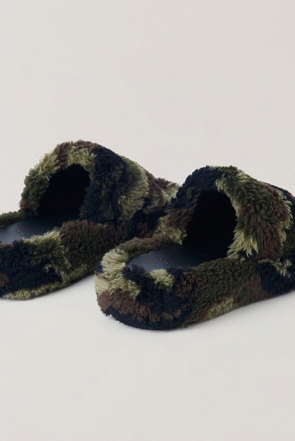 SMFK Cross Hardware Shearling High Heel Mules in Olive