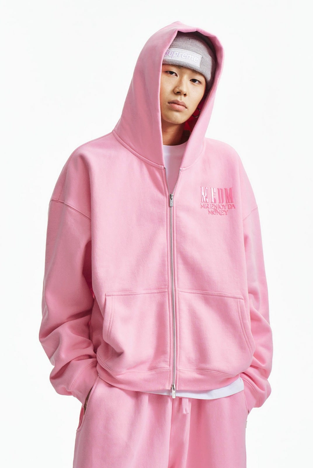 MEDM 3D Logo Two Way Zip Cotton Hoodie in Pink - On Male Model