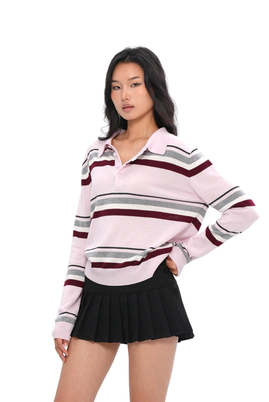 SweetChilling Striped Wool Blend Polo Sweater in Pink - On Female Model