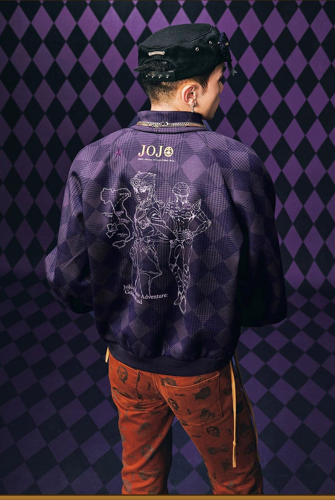 MEDM Embroidered JoJo Plaid Bomber Jacket in Purple - On Male Model