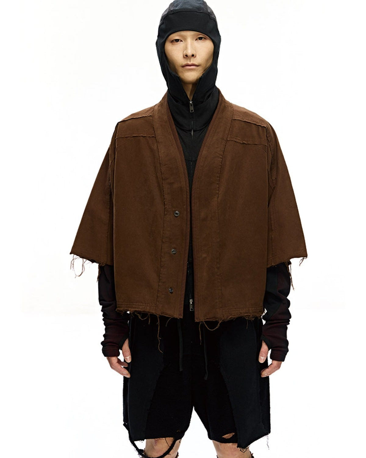 D5ove Raw Hem Boxy Short Sleeve Shirt in Dark Brown - On Male Model