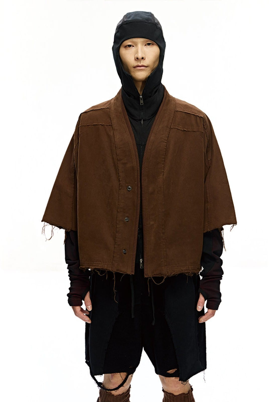 D5ove Raw Hem Boxy Short Sleeve Shirt in Dark Brown - On Male Model