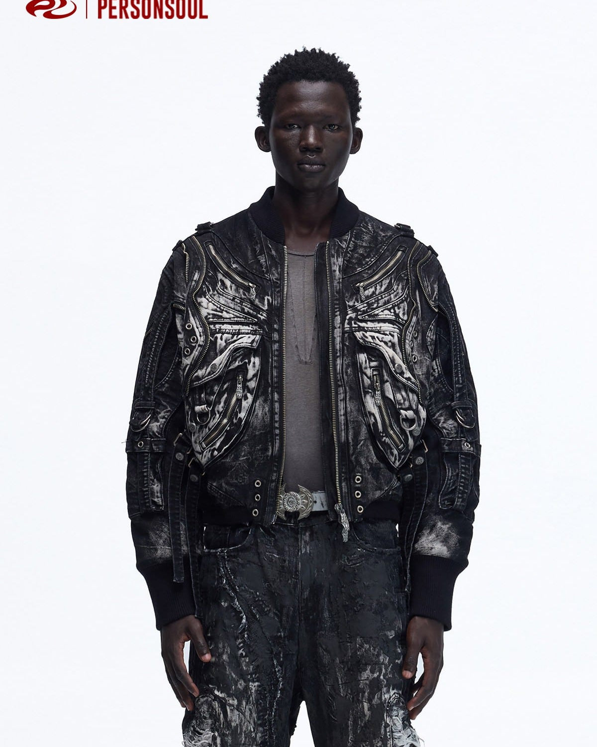 PERSONSOUL Faded Ink Splash Denim Bomber in Black - On Male Model