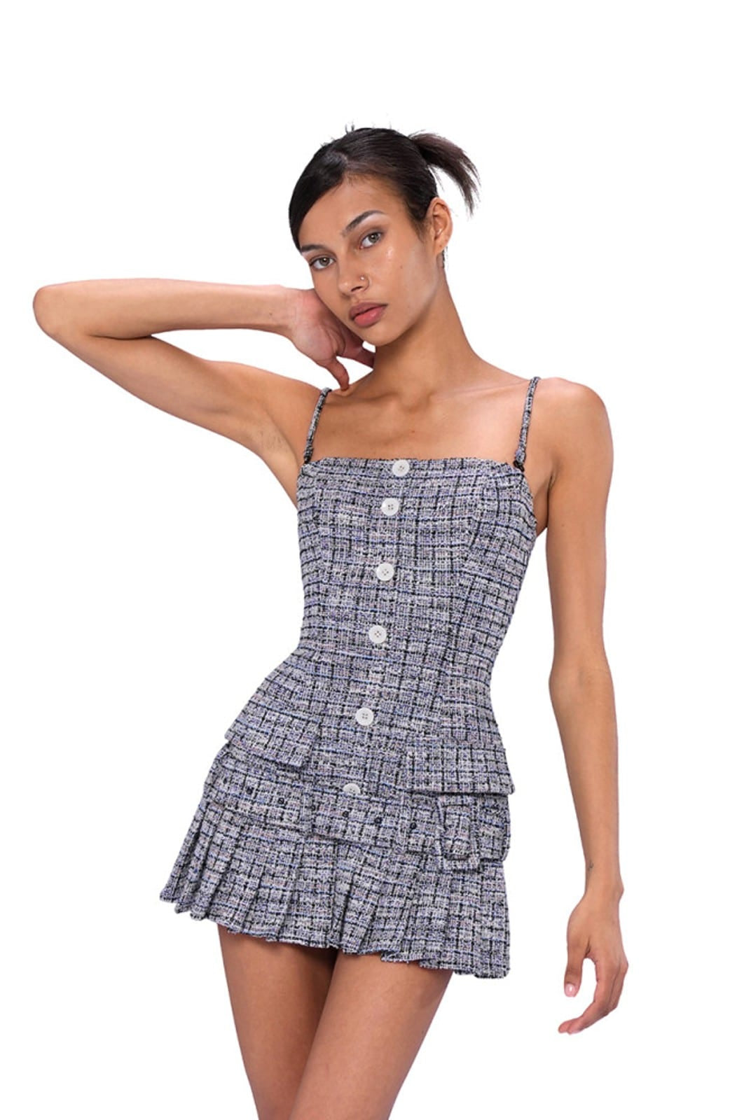 SweetChilling Tweed Effect Pleated Mini Dress in Navy Blue - On Female Model