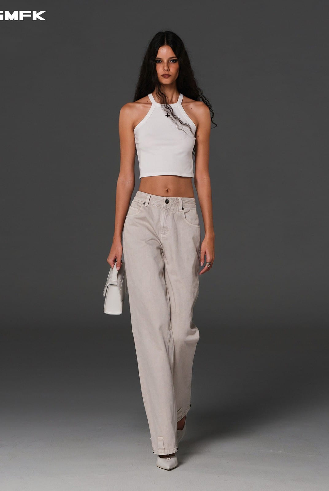 SMFK Vintage Wash Straight Leg Jeans in Light Gray - On Female Model