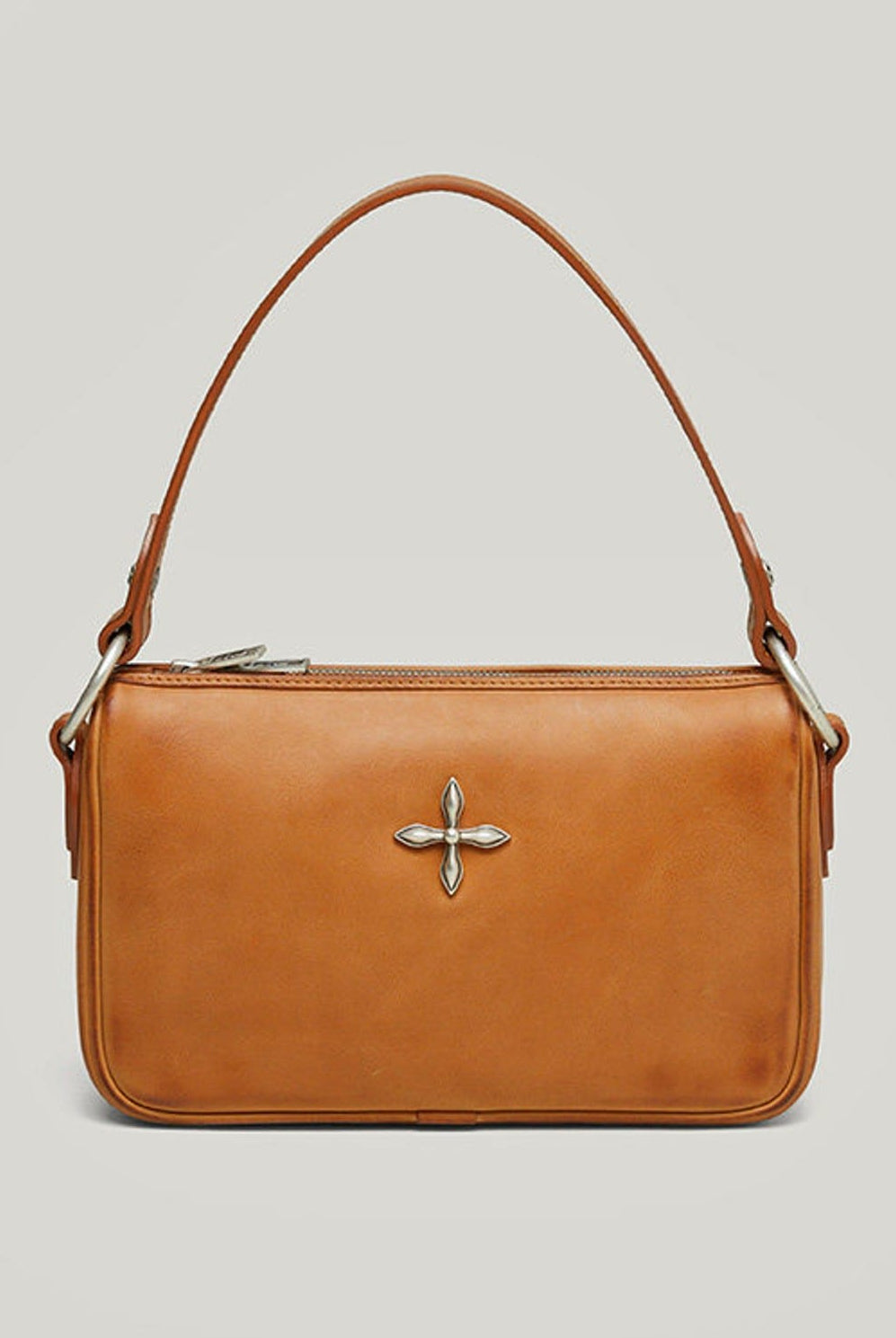 SMFK Cross Emblem Burnished Leather Shoulder Bag in Brown