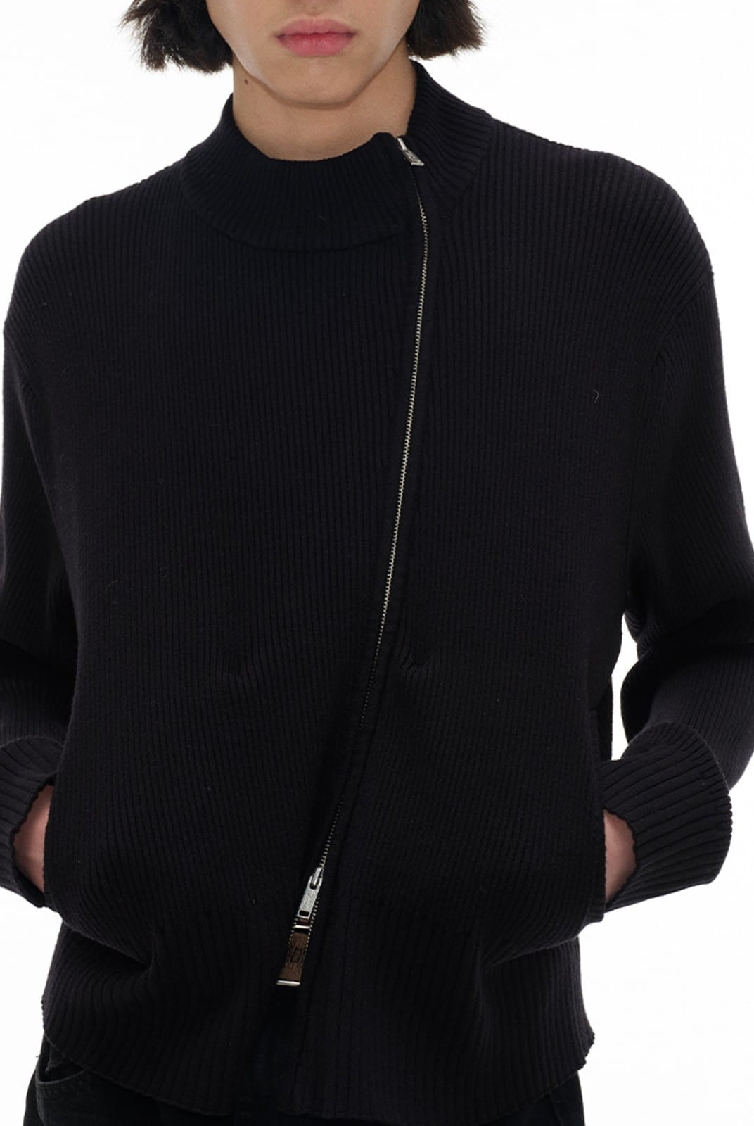 JCAESAR STUDIO Two Way Diagonal Zip Ribbed Sweater in Black - On Male Model
