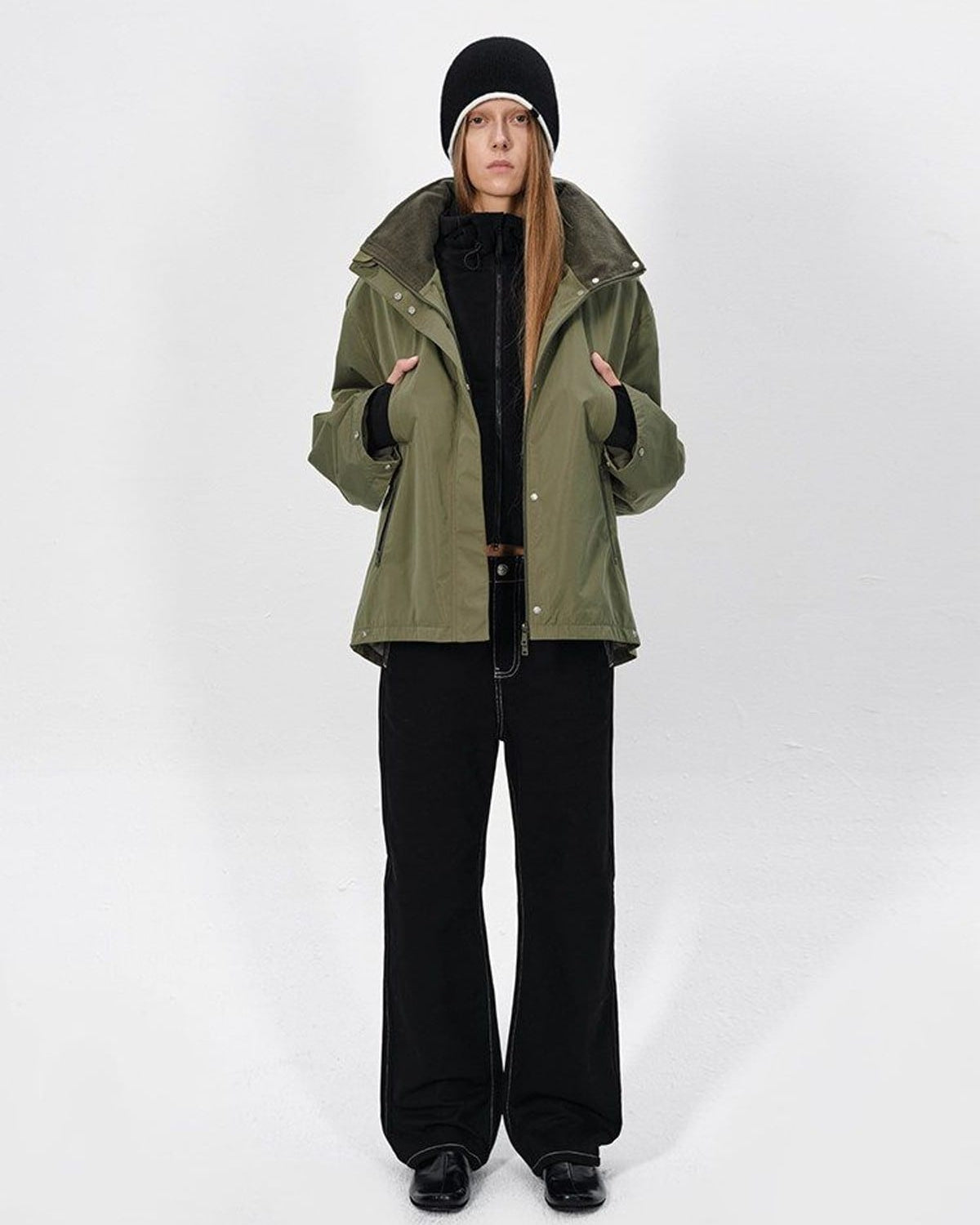 RARELY ALIKE Fleece Lined Hooded Windbreaker in Olive - On Female Model