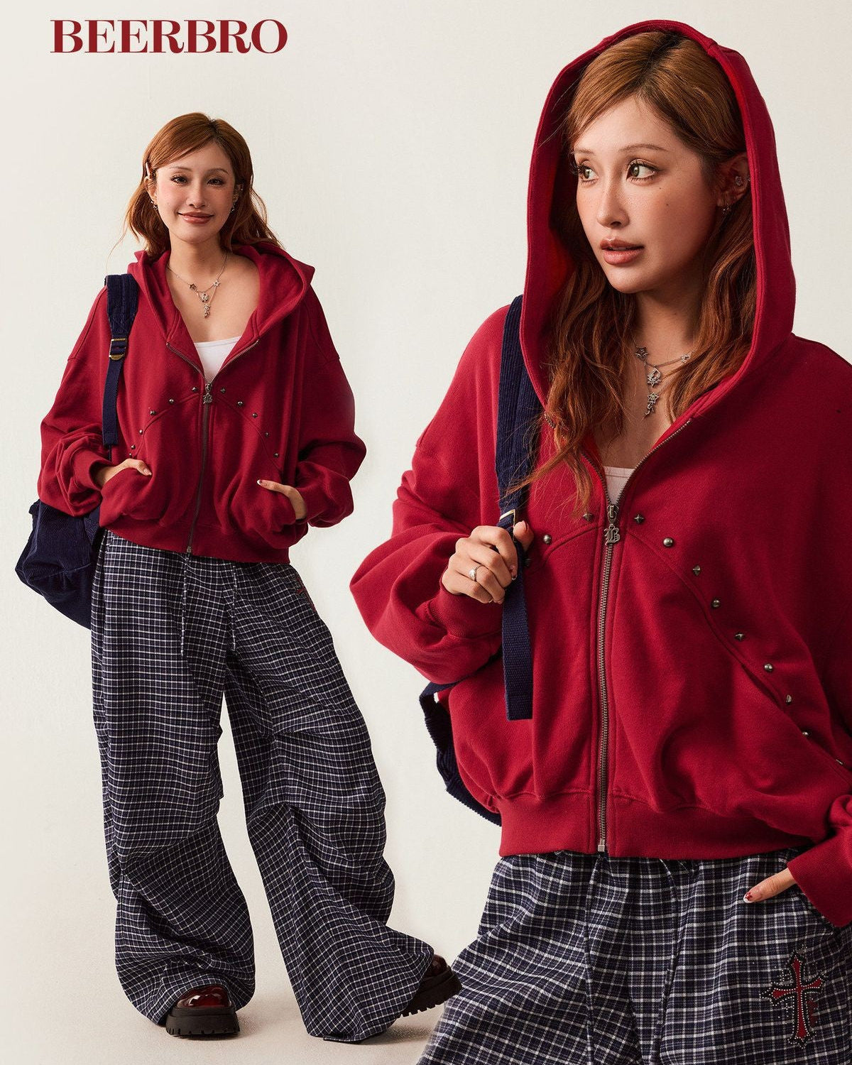 BeerBro Studded Zip Up Cropped Hoodie in Red - On Female Model