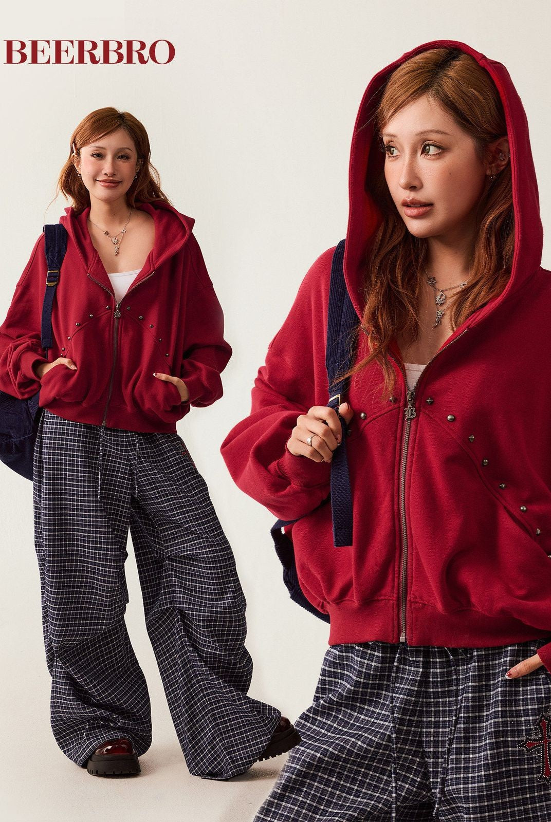 BeerBro Studded Zip Up Cropped Hoodie in Red - On Female Model