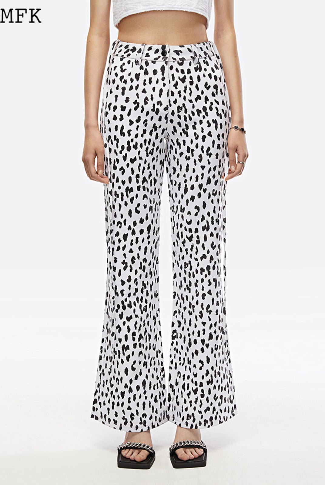 SMFK High Waisted Leopard Print Flared Pants in White - On Female Model