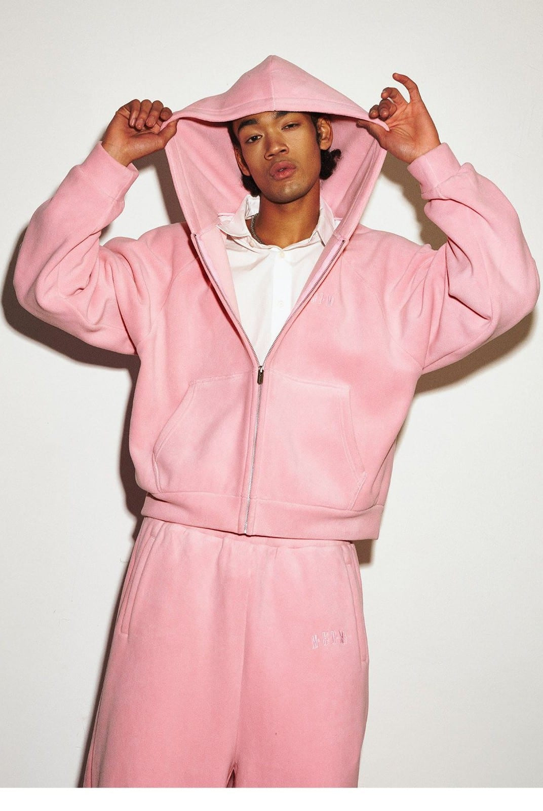 MEDM Polar Fleece Zip Up Hoodie in Pink - On Male Model