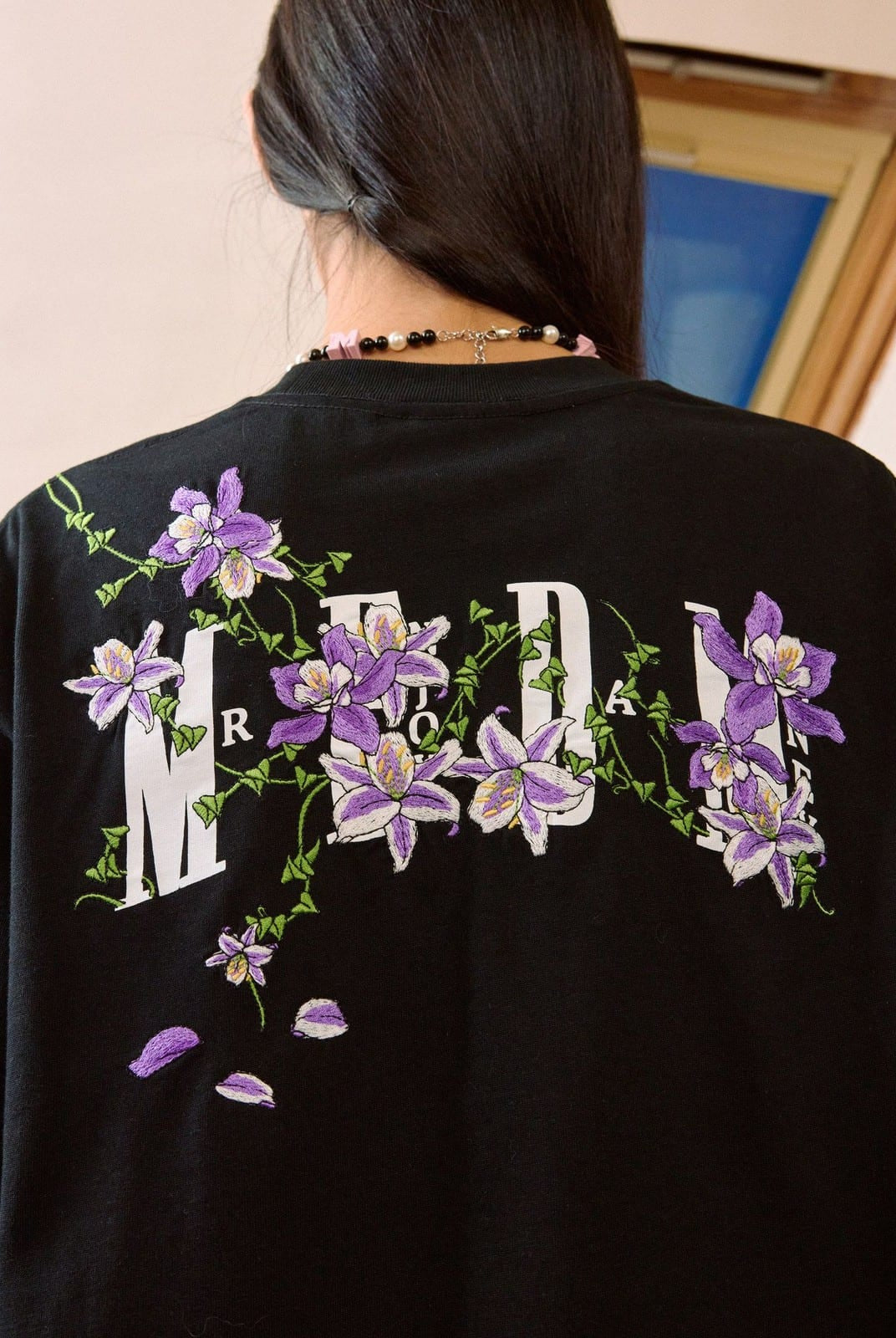 MEDM Floral Vine Embroidered T Shirt in Black - On Model
