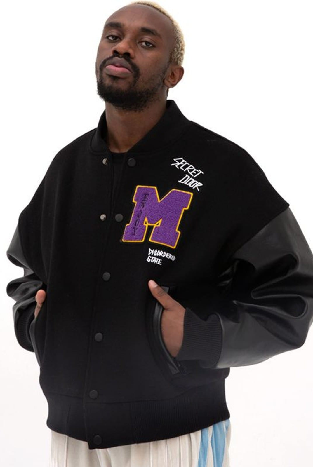 MEDM Wool Blend Varsity Jacket in Black - On Male Model