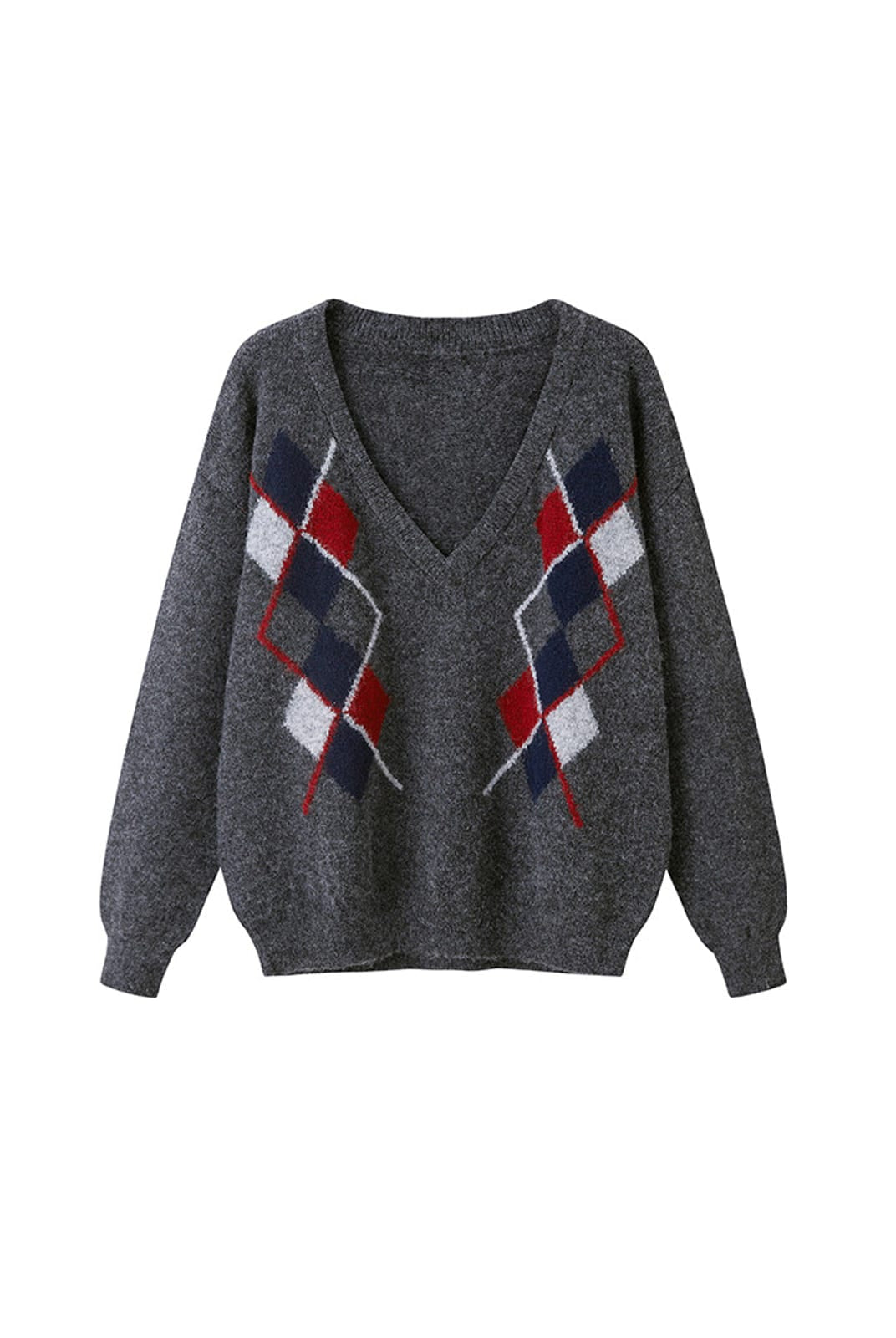 SweetChilling Argyle Jacquard V Neck Sweater in Gray