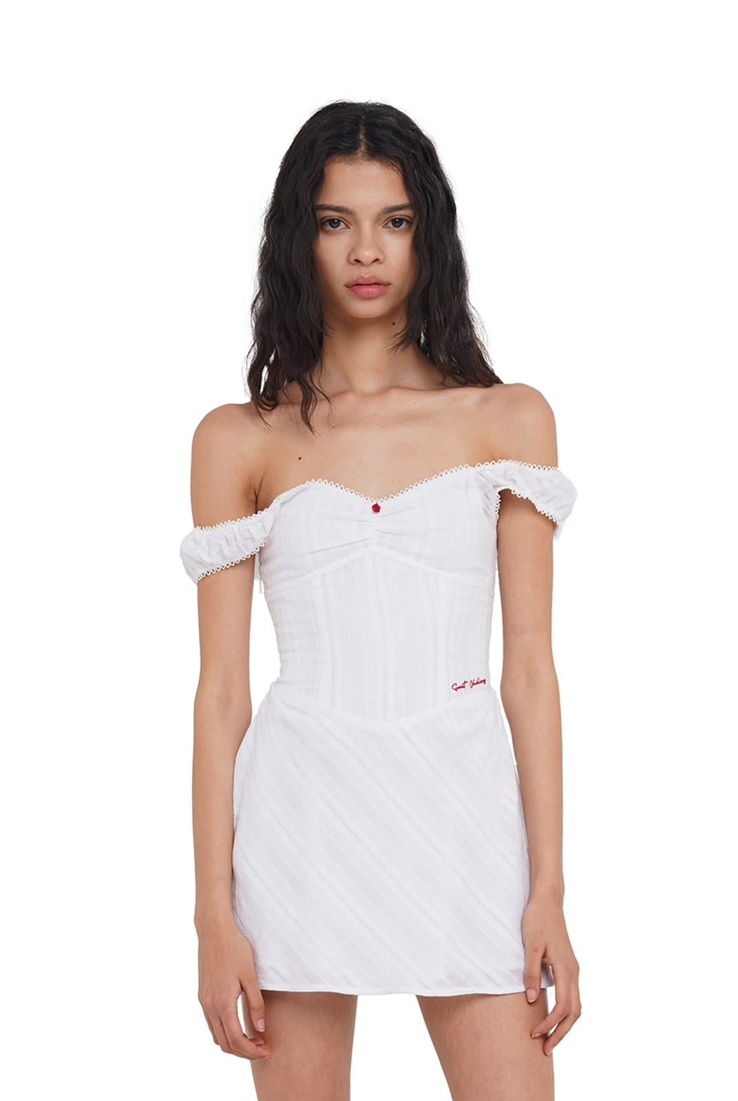 SweetChilling Off the Shoulder Corset Mini Dress in White - On Female Model