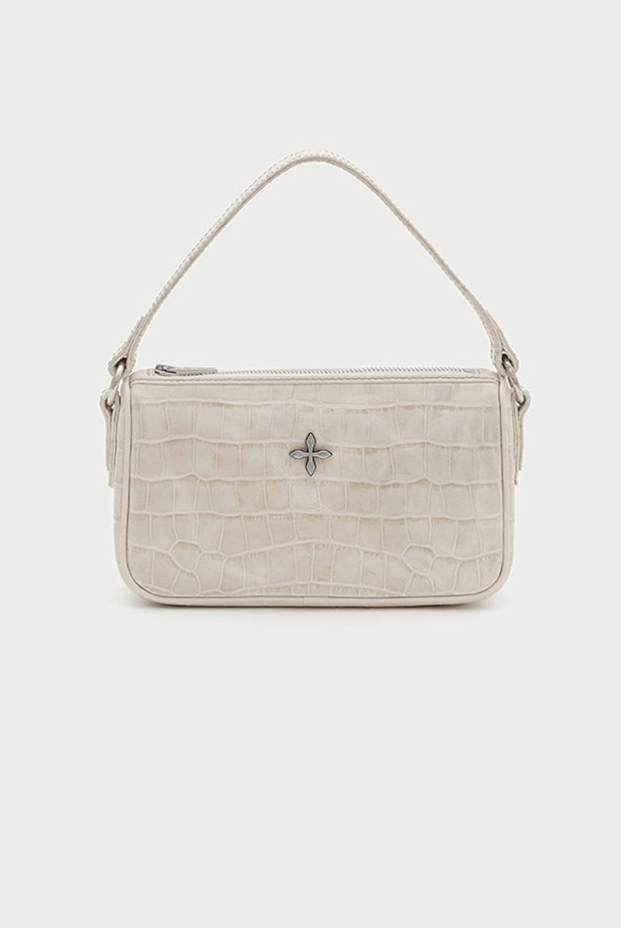 SMFK Small Croc Embossed Leather Shoulder Bag in White