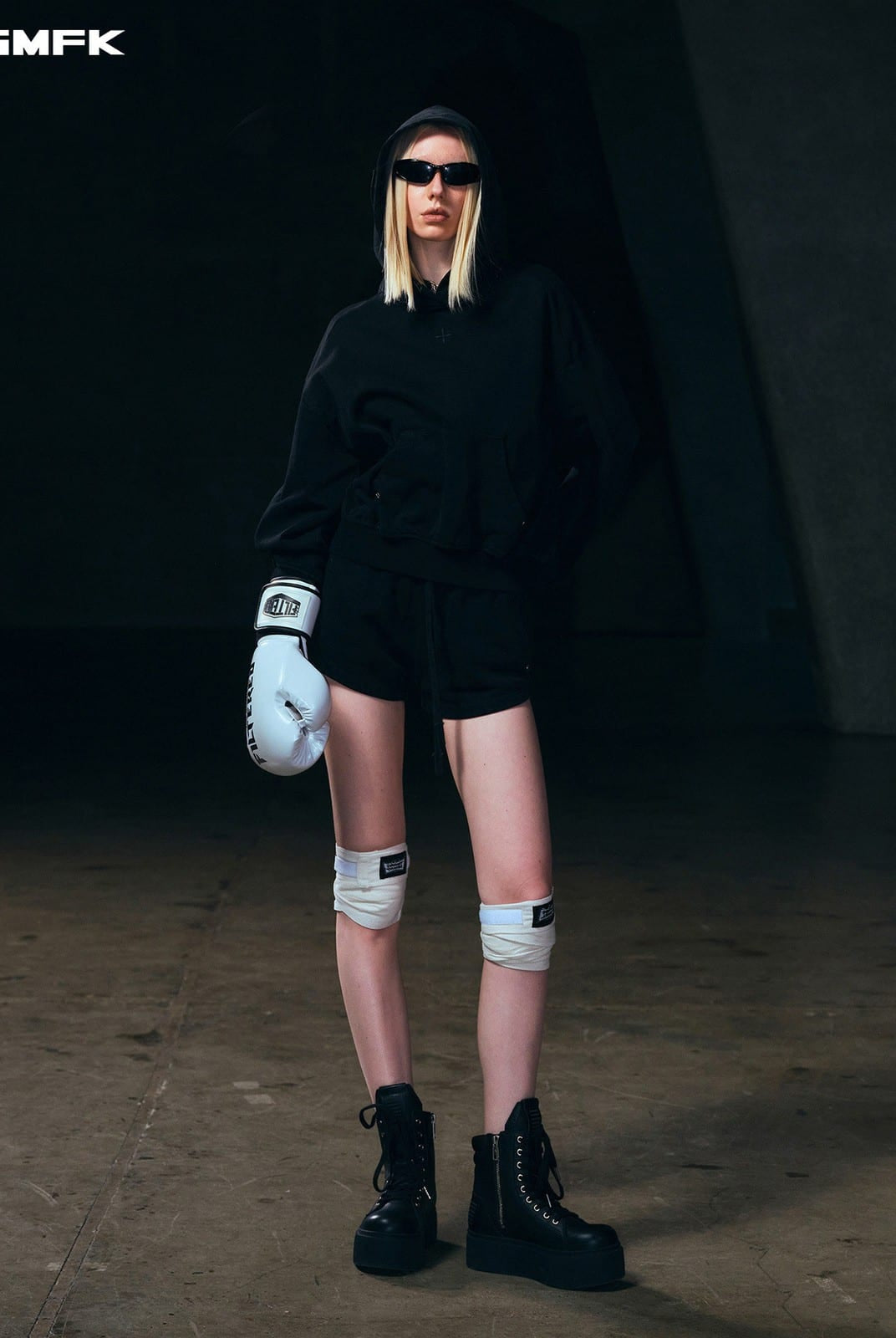 SMFK Meditation Cropped Cotton Hoodie in Black - On Female Model