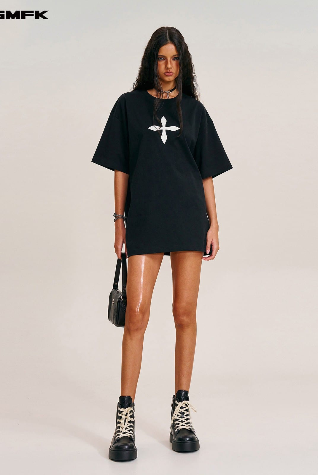 SMFK Cross Graphic 100 Cotton T Shirt in Black - On Female Model