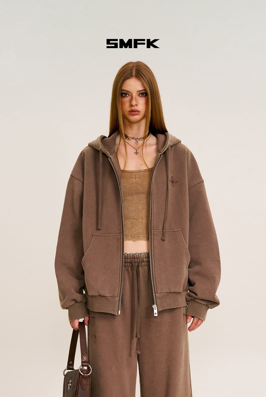 SMFK Cross Embroidered Zip Up Hoodie in Brown - On Female Model