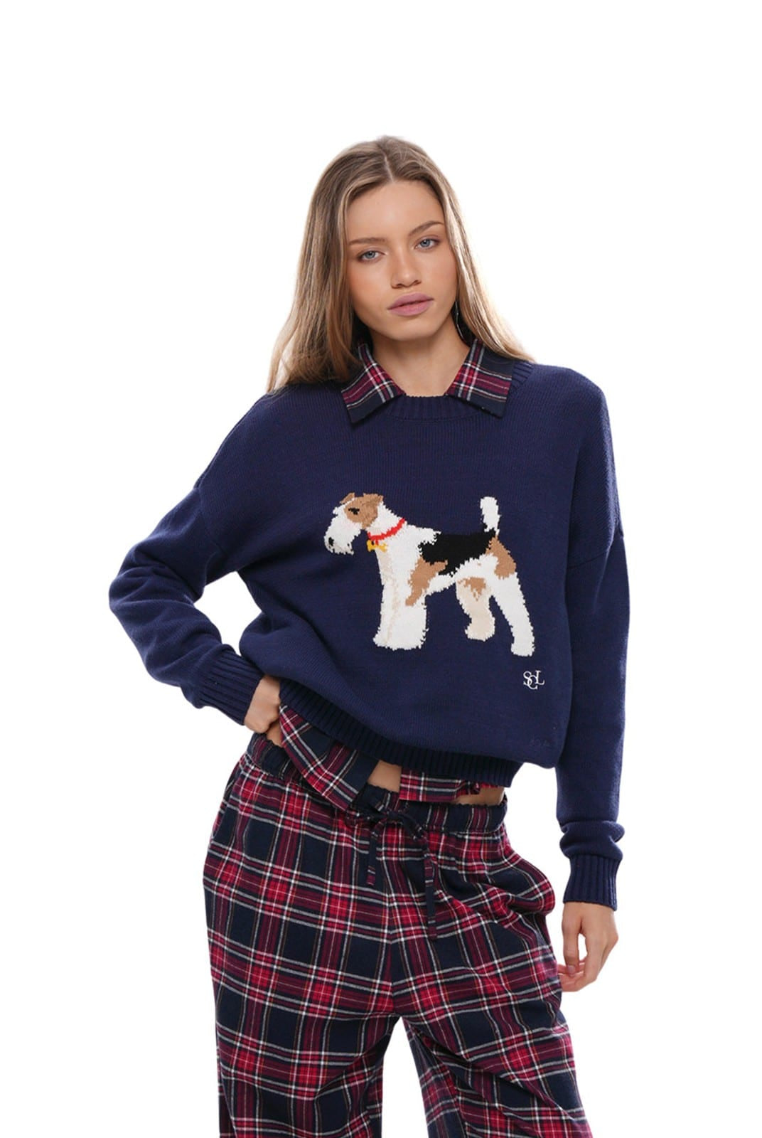 SweetChilling Fox Terrier Jacquard Pullover in Navy - On Female Model